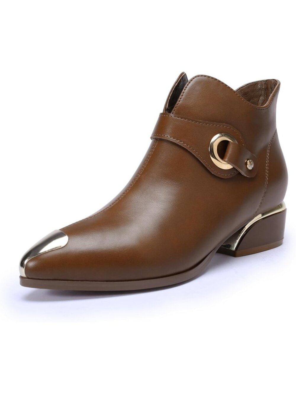 🆕 Women's Brown Leather Pointed Toe Ankle Boots Gold Hardware Low Chunky Heel